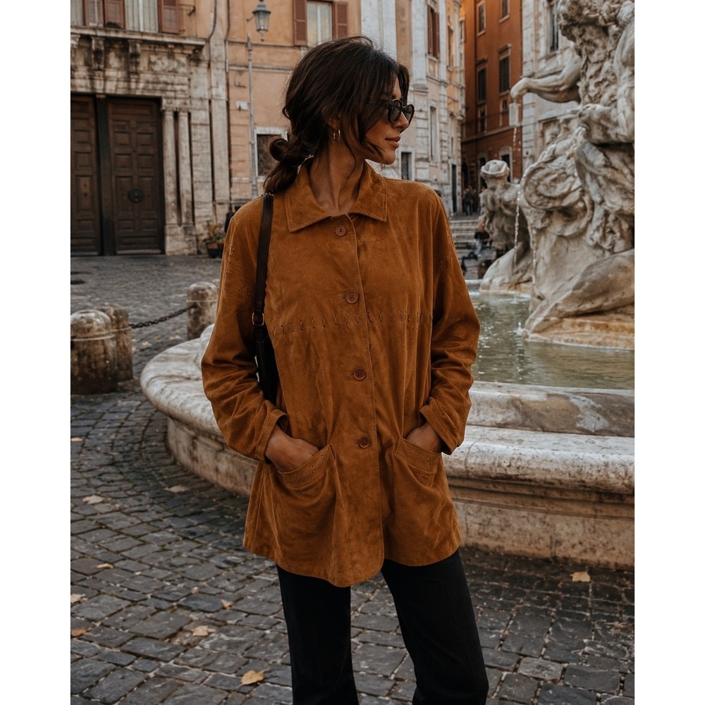 Vera Pelle Italian Suede Leather Whipstitch Jacket Cognac Brown IT 46 L